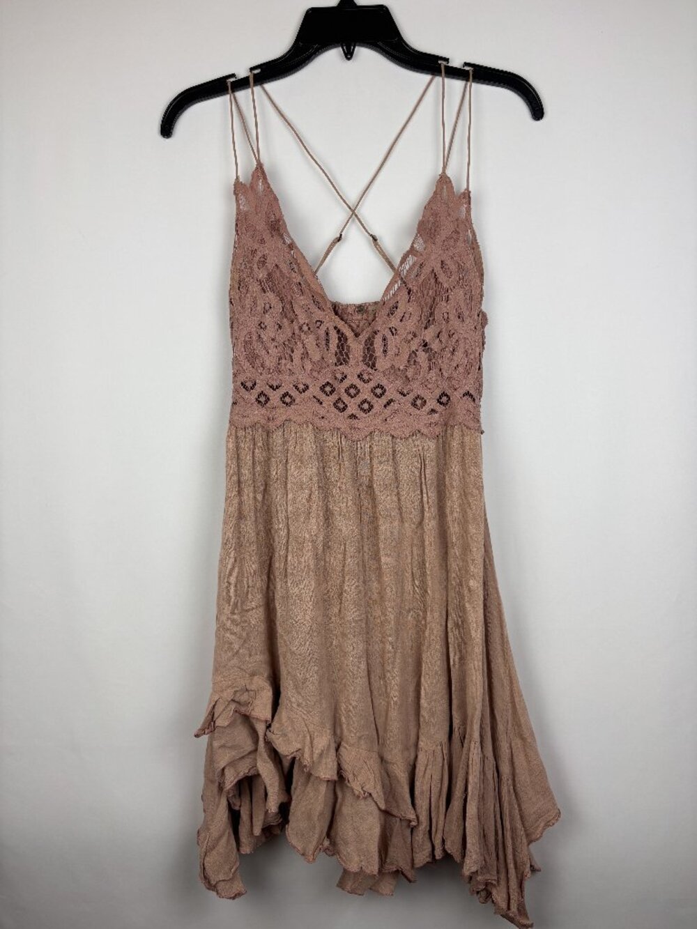 Medium Free People One Flare Mini Dress Spaghetti Strap Lace Embroidered Stretch
